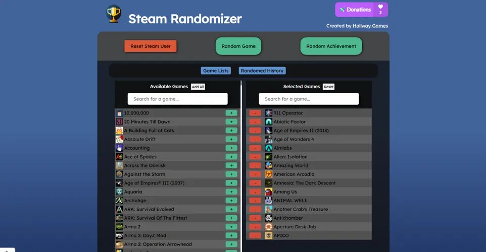 Screenshot of the Steam Randomizer website built by Hallway Digital
